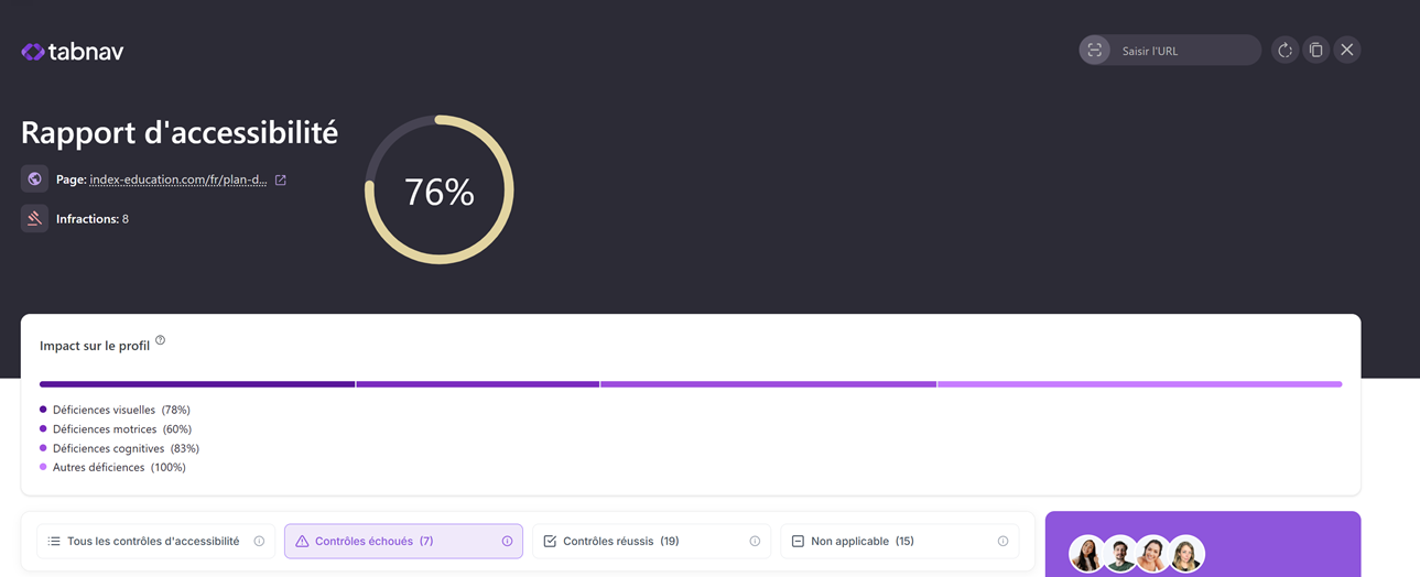 screen montrant le taux d'accessibilité de la page